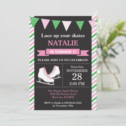 IJsschaatsen verjaardagsuitnodiging 1e verjaardags Kaart (Staand voorkant)
