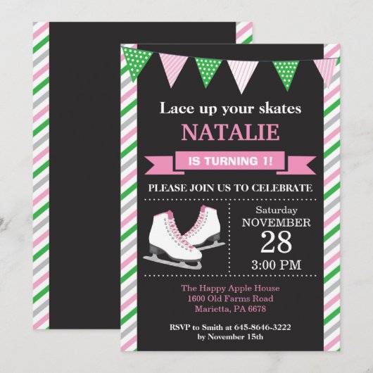 IJsschaatsen verjaardagsuitnodiging 1e verjaardags Kaart (Voorkant / Achterkant)