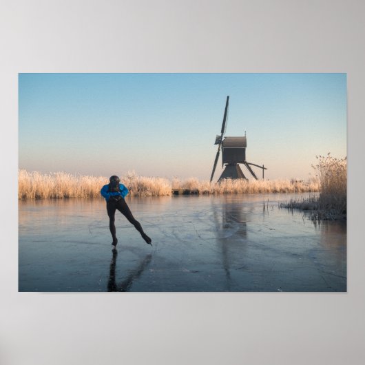 IJsschaatsen voorbij windmolen en riet poster (Voorkant)