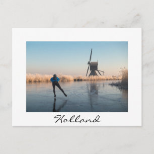 IJsschaatsen voorbij windmolen en riet wit briefka Briefkaart