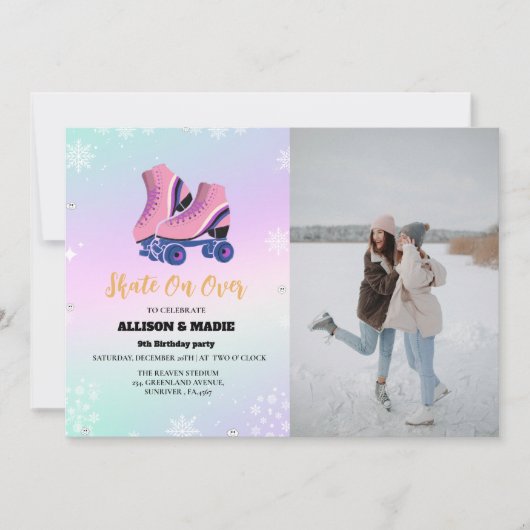 IJsschaatsen Winter Twin Birthday Schaats op over Aankondiging (Voorkant)