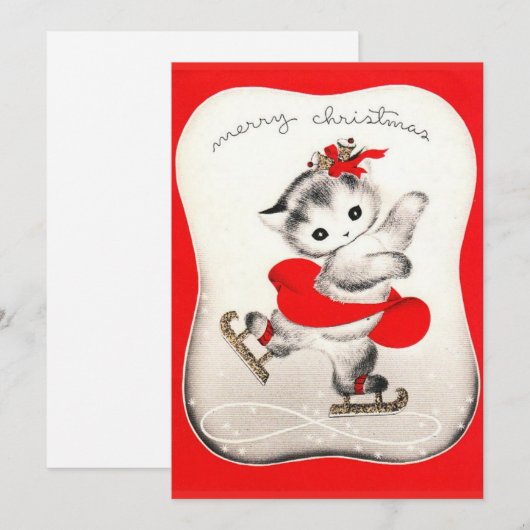 ijsschaatsen Witte kerstkat Feestdagenkaart (Voorkant / Achterkant)