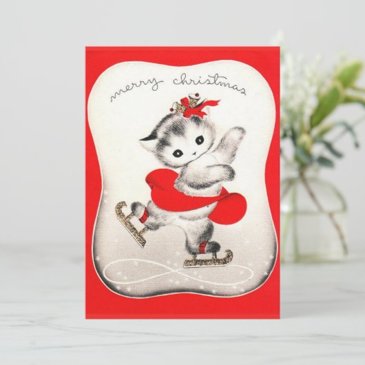 ijsschaatsen Witte kerstkat Feestdagenkaart (Staand voorkant)