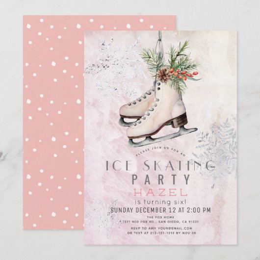 IJsschaatsfeest Bevroren Sneeuwvlok Roze Verjaarda Kaart (Voorkant / Achterkant)