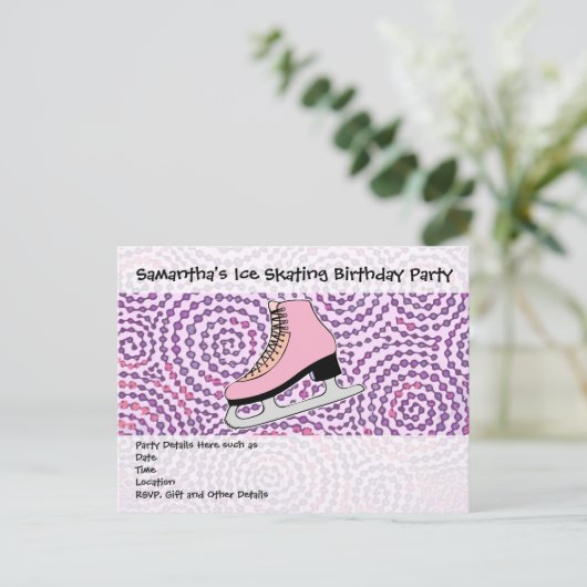 IJsschaatsfeest, roze Schaats Uitnodiging Briefkaart (Staand voorkant)
