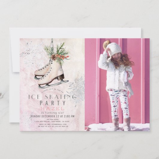 IJsschaatsfeest Sneeuwvlok Roze Verjaardag Foto Kaart (Voorkant)