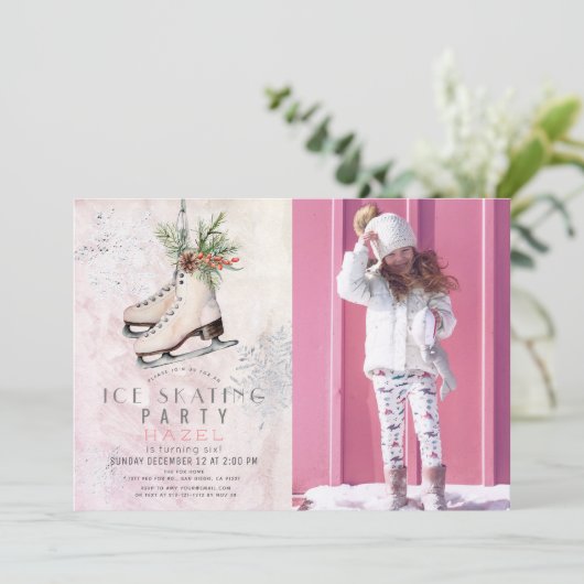 IJsschaatsfeest Sneeuwvlok Roze Verjaardag Foto Kaart (Staand voorkant)