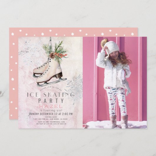 IJsschaatsfeest Sneeuwvlok Roze Verjaardag Foto Kaart (Voorkant / Achterkant)
