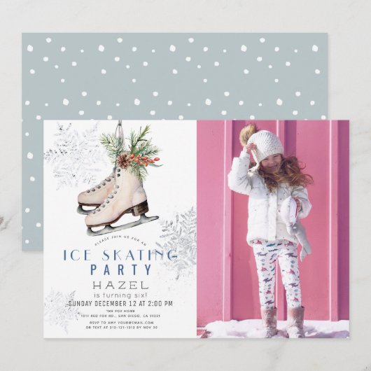 IJsschaatsfeest Sneeuwvlok Wit Verjaardagsfoto Kaart (Voorkant / Achterkant)