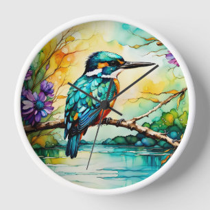 IJsvogel boven water en wilde bloemen
