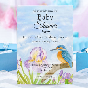 Ijsvogel met paarse irissen baby shower kaart