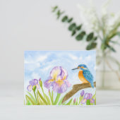 IJsvogel met paarse irissen Briefkaart (Staand voorkant)