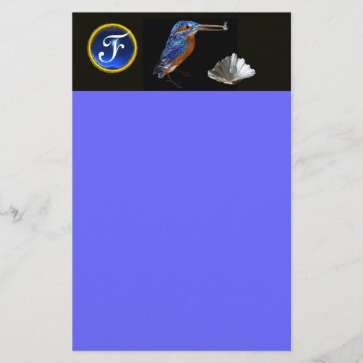 IJsvogel MONOGRAM, Blauwe saffier, Zwart Briefpapier (Voorkant)