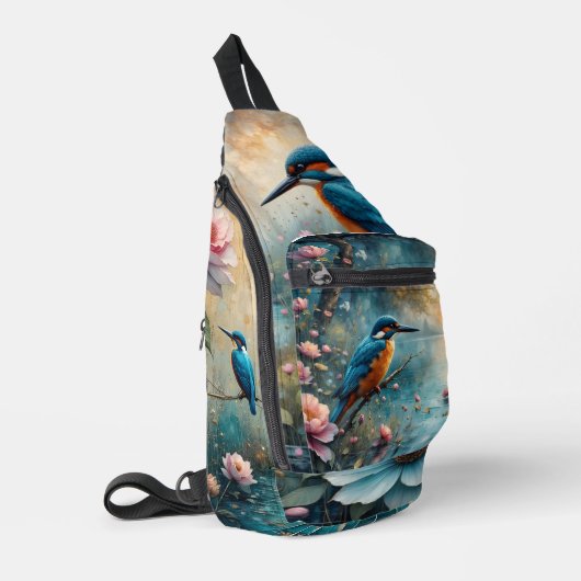 IJsvogel vogel boven water en Rozen Sling Bag (Linkerhoek)