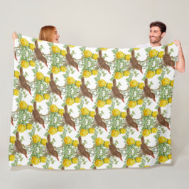 Ijsvogel vogel en gele rozen wit fleece deken
