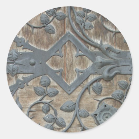 IJzer Medieval Lock op Houten Dep Ronde Sticker (Voorkant)