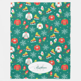 IJzeren Schaatsen en Sneeuwvlokken Blauwgroen Mono Fleece Deken