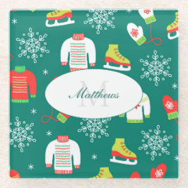 IJzeren Schaatsen en Sneeuwvlokken Blauwgroen Mono Glazen Onderzetter