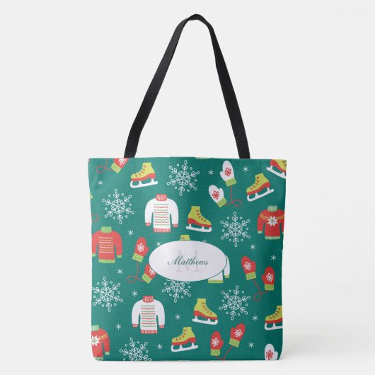 IJzeren Schaatsen en Sneeuwvlokken Blauwgroen Mono Tote Bag (Voorkant)