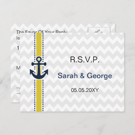 ijzerstrepen, anker, nautische bruiloft rsvp uitnodiging briefkaart (Voorkant / Achterkant)