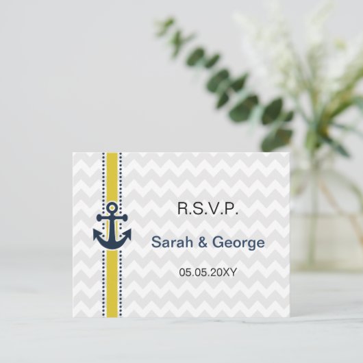 ijzerstrepen, anker, nautische bruiloft rsvp uitnodiging briefkaart (Staand voorkant)