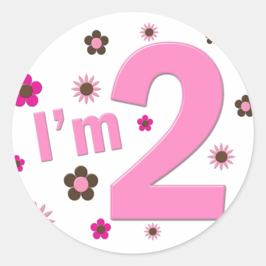 "Ik ben 2" roze en bruine bloemen Ronde Sticker (Voorkant)