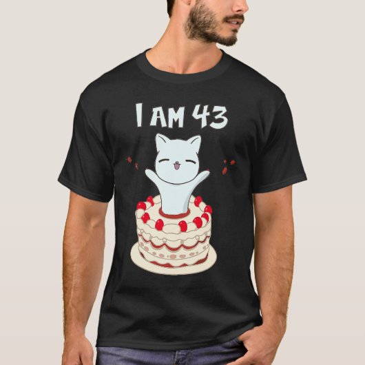 Ik ben 43 kattekatjes met verjaardagstaart t-shirt (Voorkant)