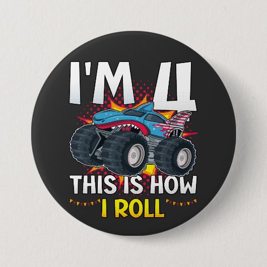 Ik ben 4 zo draai ik Monster Truck Round Ronde Button 7,6 Cm (Voorkant)