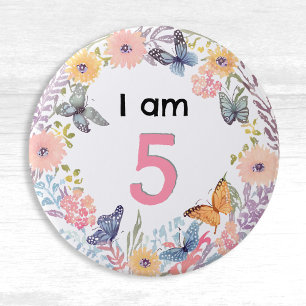 Ik Ben 5 Mooie Bloem Vlinder Speld Badge Knop Ronde Button 7,6 Cm