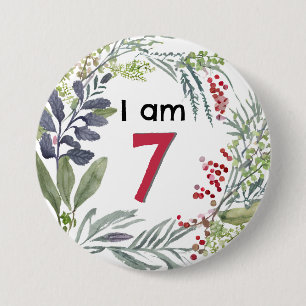 Ik Ben 7 Mooie Bloemige Mooie Speld Badge Knop Ronde Button 7,6 Cm