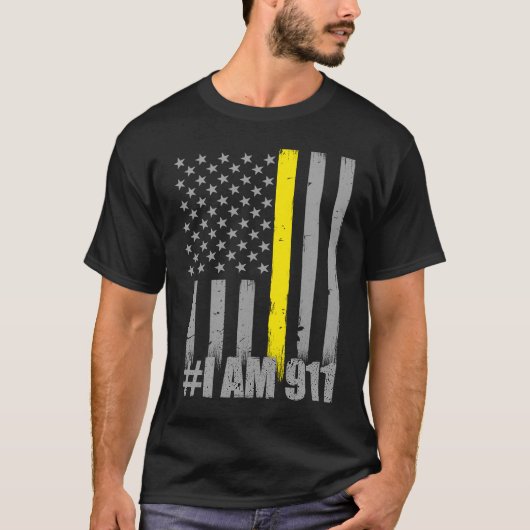 Ik ben 911 Thin Gold Line Flag Police Dispatcher T-shirt (Voorkant)