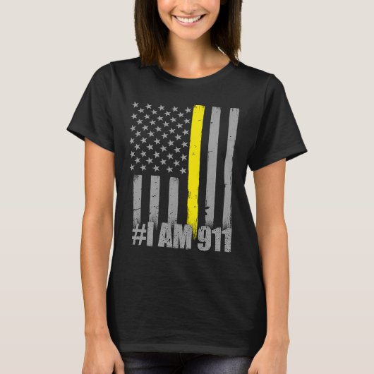 Ik ben 911 Thin Gold Line Flag Police Dispatcher T-shirt (Voorkant)