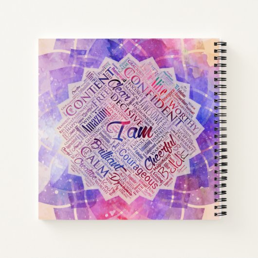 Ik ben Affirmations Word Cloud Art in lotus Notitieboek (Achterkant)