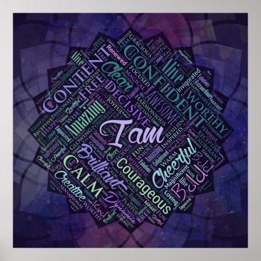 Ik ben Affirmations Word Cloud Art in lotus Poster (Voorkant)