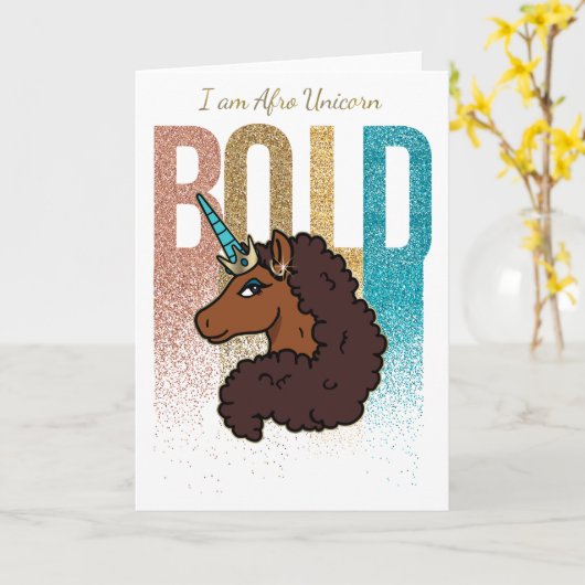 Ik ben Afro Eenhoorn | Bold Glitter Design Kaart (Gele Bloem)