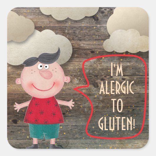 IK BEN ALLERGISCH GLUTEN DAG ZWART RUSTIC BOY CLOW VIERKANTE STICKER (Voorkant)