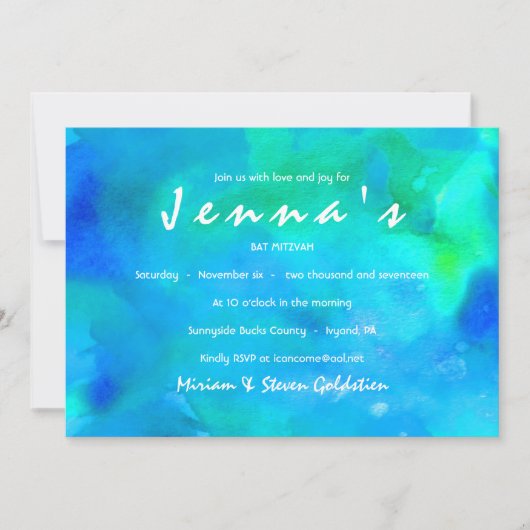 Ik ben AQUA WATERVERF Bat Mitzvah Uitnodiging (Voorkant)