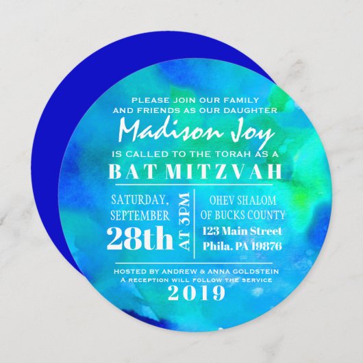 Ik ben AQUA WATERVERF Round Bat Mitzvah. Kaart (Voorkant / Achterkant)