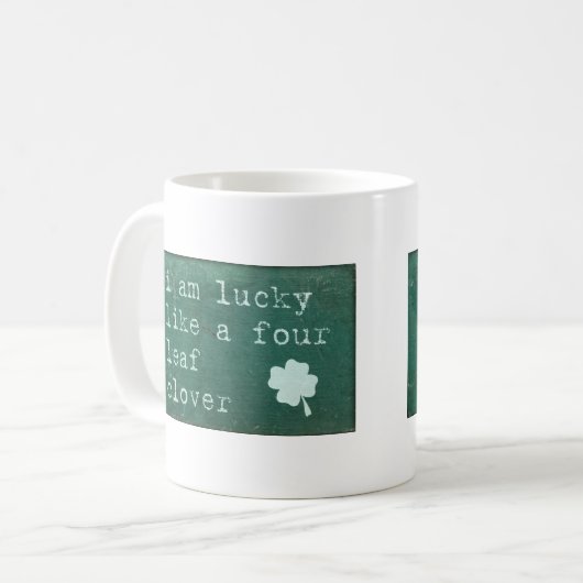 Ik ben blij als een vier lef-klaver koffiemok (Voorkant links)