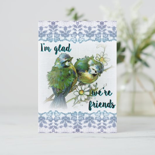 Ik ben blij dat we vrienden zijn blauwe vogels kle bedankkaart (Staand voorkant)