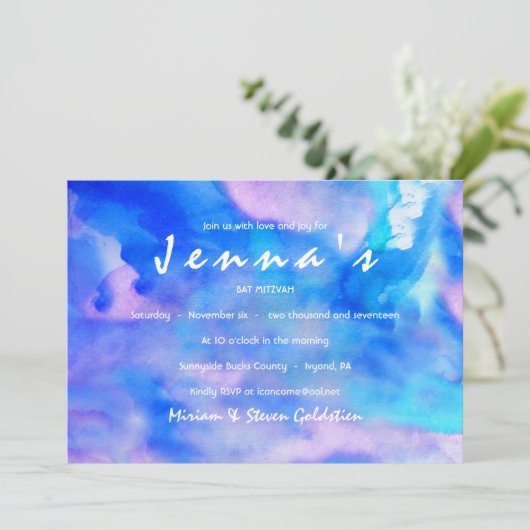 Ik ben BLUE WATERVERF Bat Mitzvah Uitnodiging (Staand voorkant)