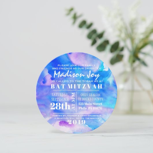 Ik ben BLUE WATERVERF Bat Mitzvah Uitnodiging (Staand voorkant)