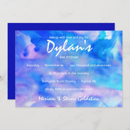 Ik ben BLUE WATERVERF Bat Mitzvah Uitnodiging (Voorkant / Achterkant)