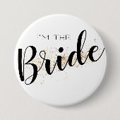 Ik ben de Bruid Knop met Gouden Glitters Ronde Button 7,6 Cm (Voorkant)