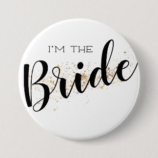 Ik ben de Bruid Knop met Gouden Glitters Ronde Button 7,6 Cm