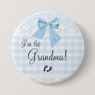 Ik ben de oma Blue Gingham en Bow White Lace Ronde Button 7,6 Cm