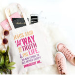 Ik ben de Way Grocery Bag in helder schrijven Boodschappentas<br><div class="desc">Grocery Bag in helder schrijven met het bijbelse vers van John 14:6 Jezus vertelde hem: "Ik ben de weg, de waarheid en het leven. Niemand kan naar de Vader komen, behalve door mij." De verzen zijn in oranje rode en roze kleuren en in gemengde kalligrafie en minimalistische typografie. Dit trendy,...</div>