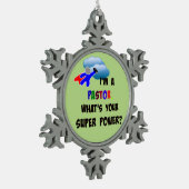 "Ik ben dominee. Wat is je superkracht?" Tin Sneeuwvlok Ornament (Links)