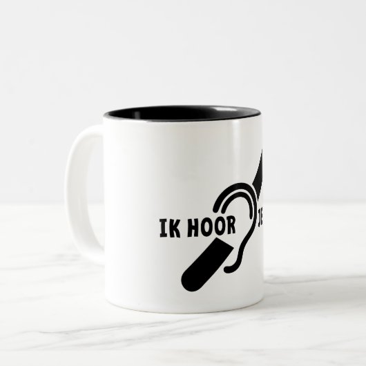 Ik ben doof. Doven, slechthorend. Lip lezen Tweekleurige Koffiemok (Voorkant links)