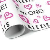 Ik ben ÉÉN Cute Pink Hearts Custom Name 1 Year Old Cadeaupapier (Rol Hoek)